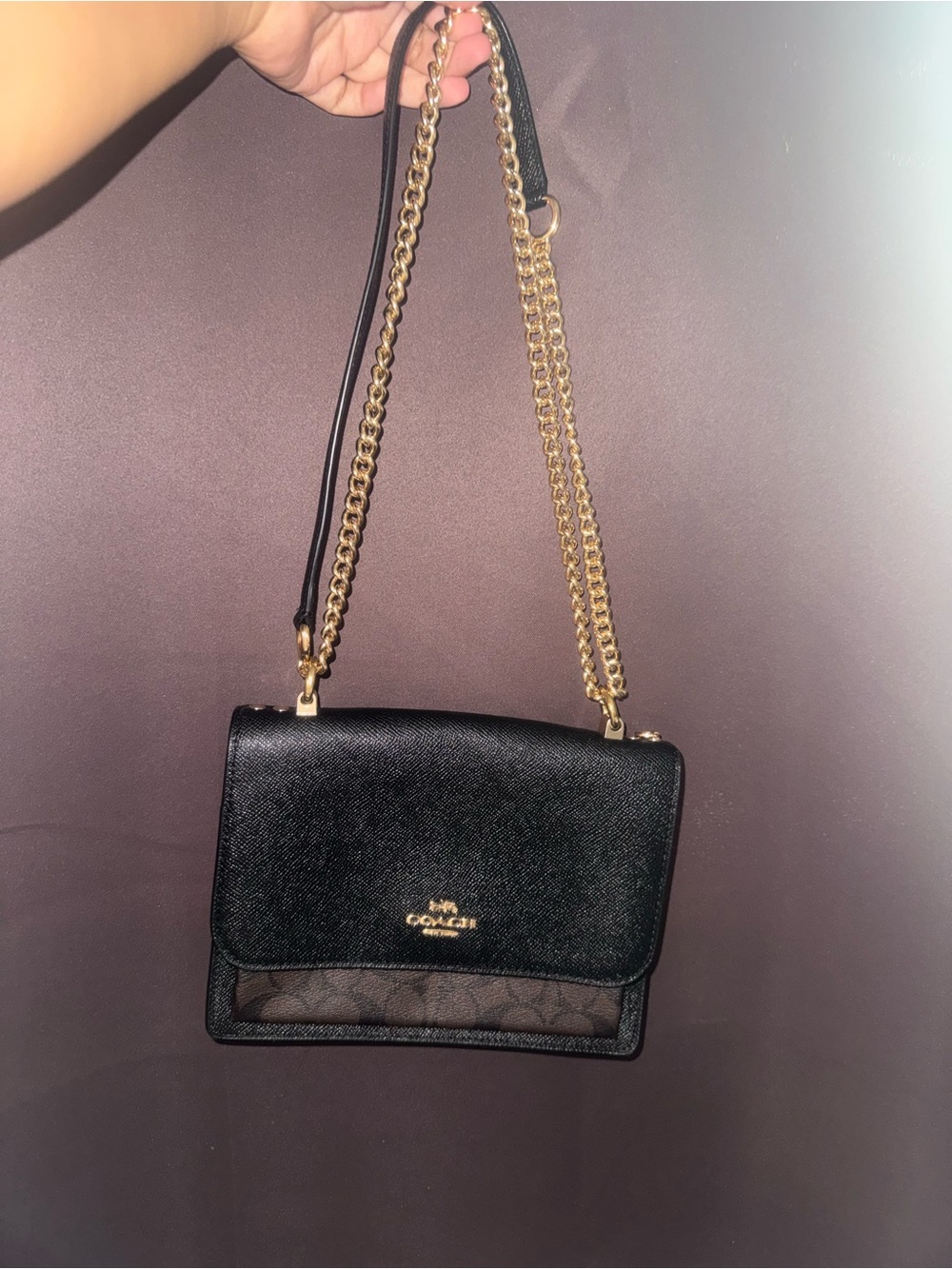 Coach Black Leather Crossbody with Gold Chain and Signature Detail